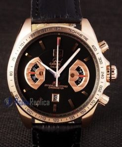 Tag-heuer replica carrera calibre 17 chrono rose gold black dial strip leather imitazione copia