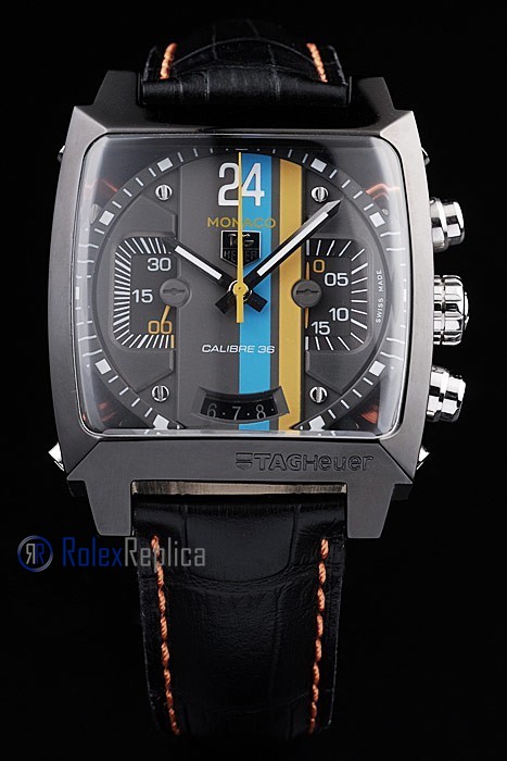 Tag-heuer replica gran carrera monaco gulf strip leather chrono black imitazione copia - immagine 2