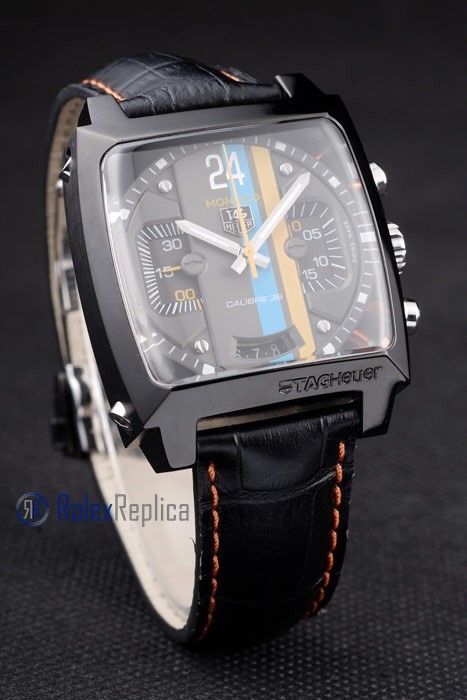 Tag-heuer replica gran carrera monaco gulf strip leather chrono black imitazione copia - immagine 4