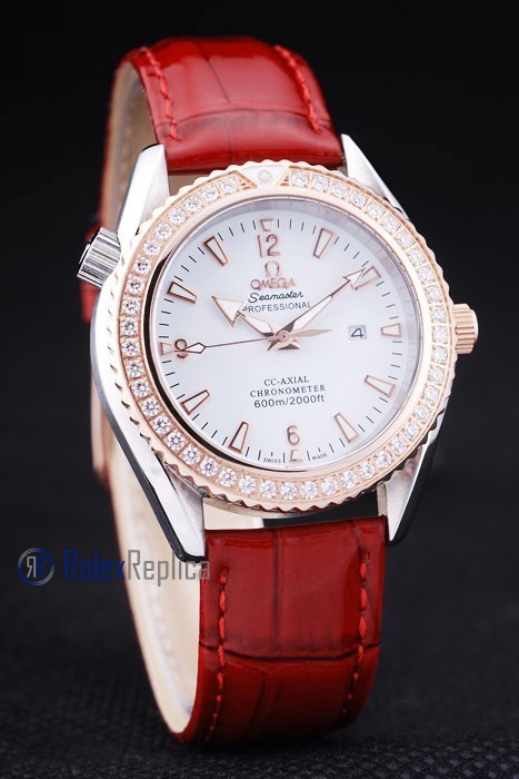 Omega replica seamaster co-axial red lady strip leather imitazione copia - immagine 2