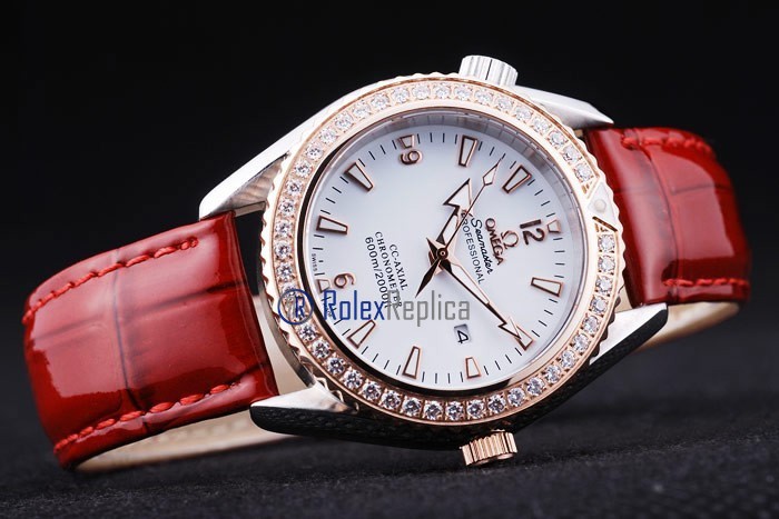 Omega replica seamaster co-axial red lady strip leather imitazione copia - immagine 4