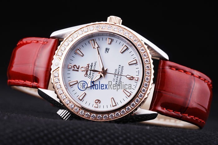 Omega replica seamaster co-axial red lady strip leather imitazione copia - immagine 5