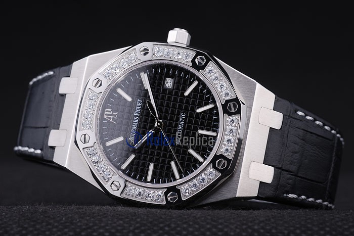 audemars piguet replica royal oak jumb black dial strip leather imitazione copia - immagine 5