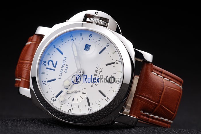 Panerai replica luminor GMT acciaio white dial strip leather imitazione copia - immagine 5