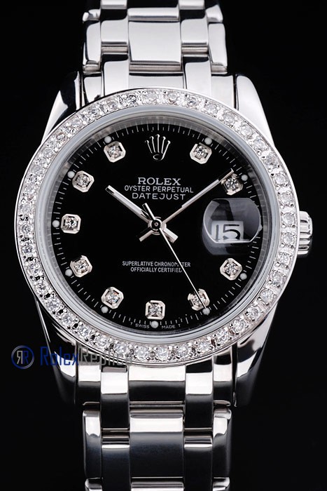 rolex replica datejust black full brillantini orologio imitazione - immagine 2