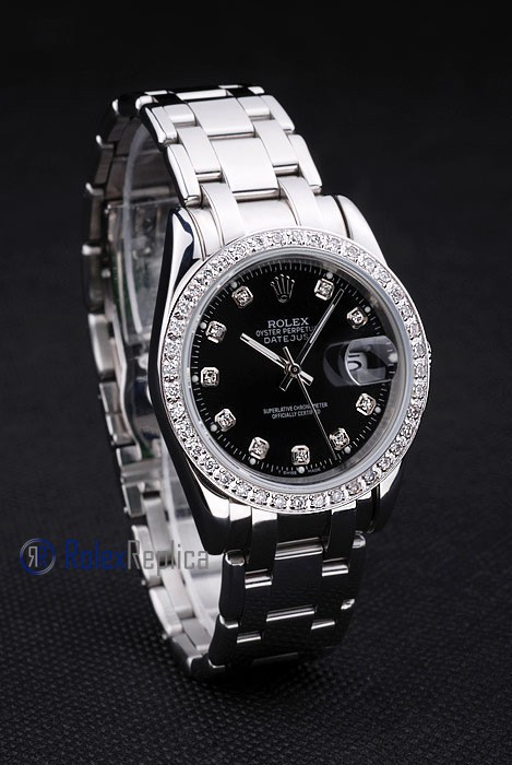 rolex replica datejust black full brillantini orologio imitazione - immagine 4