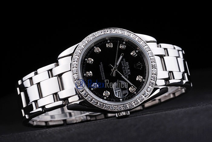 rolex replica datejust black full brillantini orologio imitazione - immagine 5