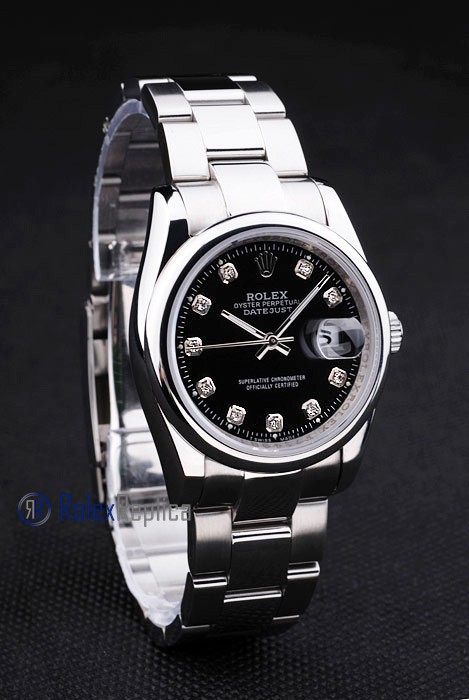 rolex replica datejust black brillantini ghiera liscia orologio imitazione - immagine 4