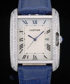 Cartier replica tank americaine acciaio brillantini bezel strip leather blu orologio imitazione perfetta