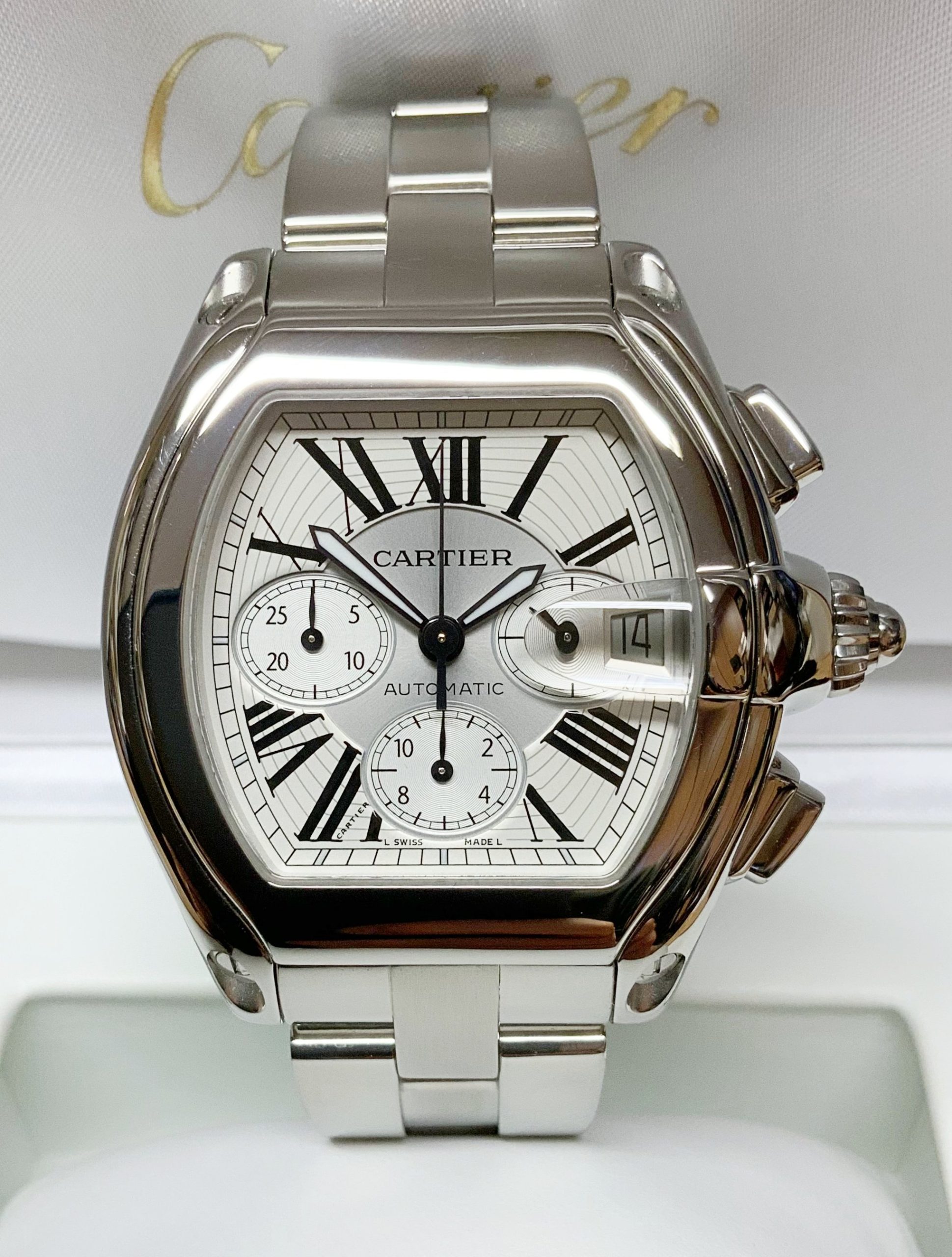 Cartier replica roadster white dial acciaio orologio imitazione perfetta
