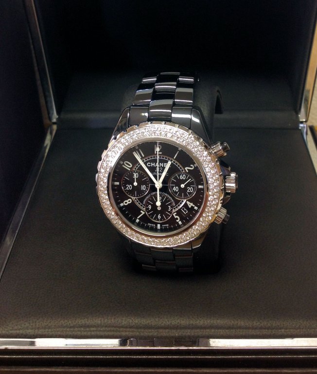Chanel replica J12 Chronograph H1009 Twin Row Diamond Bezel Black Ceramic