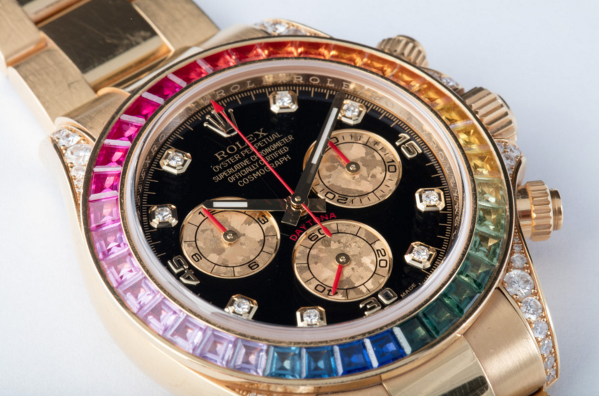 rolex replica daytona rainbow full diamonds oro giallo orologio replica - immagine 3