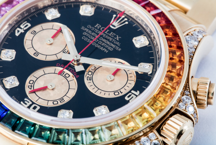 rolex replica daytona rainbow full diamonds oro giallo orologio replica - immagine 4