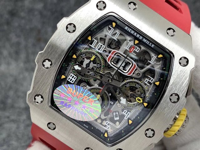 RICHARD MILLE REPLICA RM11-03 CRYSTAL SKELETON DIAL WITH RED RUBBER STRAP - immagine 5