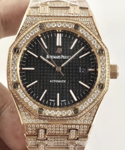 Audemars piguet replica royal oak 15400ST 41mm rose gold full paved diamonds black dial
