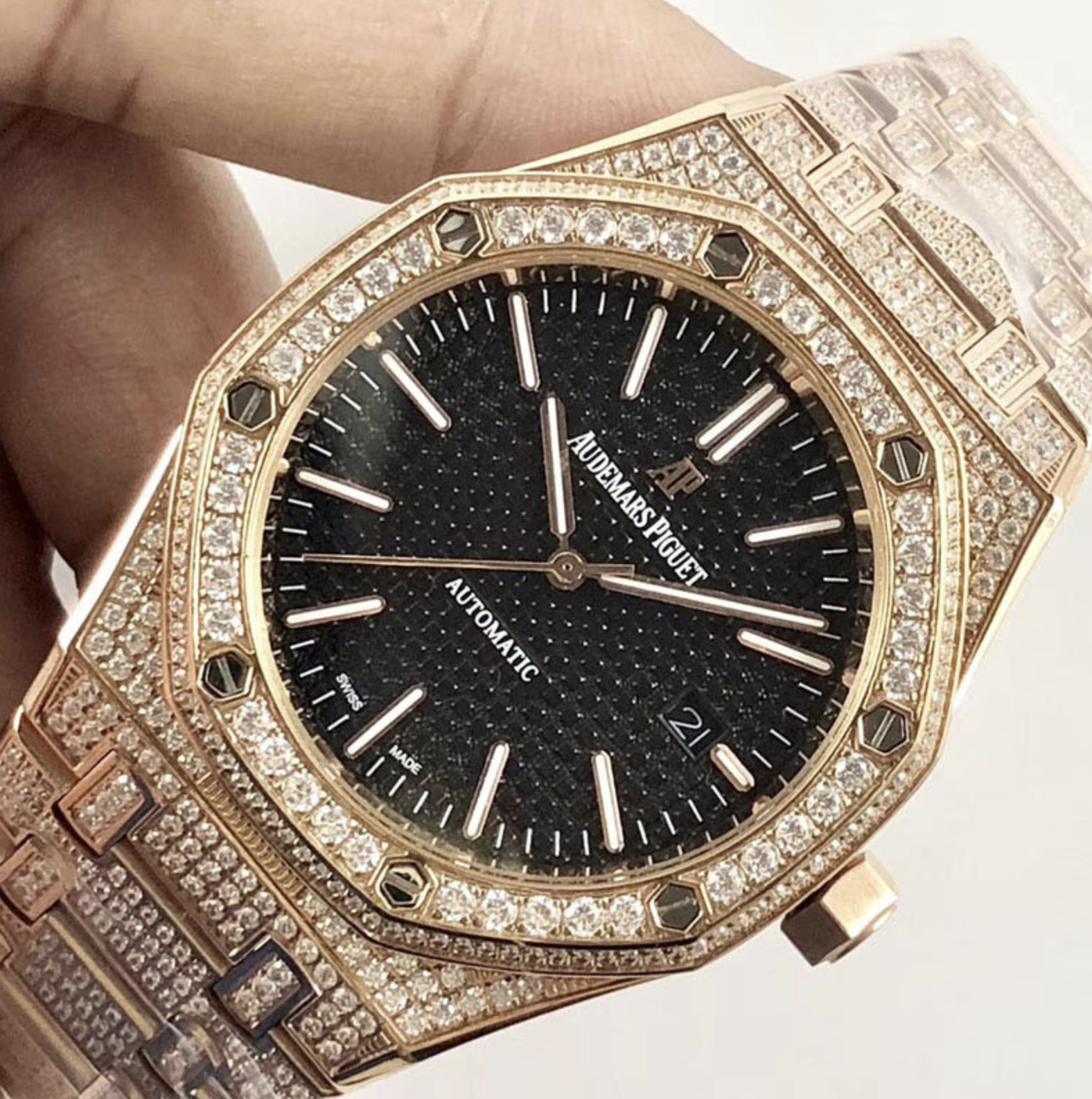 Audemars piguet replica royal oak 15400ST 41mm rose gold full paved diamonds black dial - immagine 4