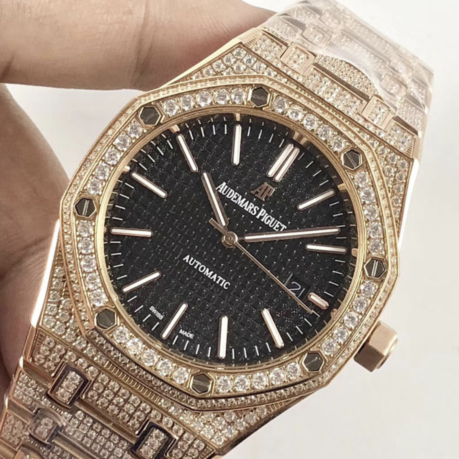 Audemars piguet replica royal oak 15400ST 41mm rose gold full paved diamonds black dial - immagine 6
