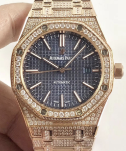 Audemars piguet replica royal oak 15400ST 41mm rose gold full paved diamonds blue dial