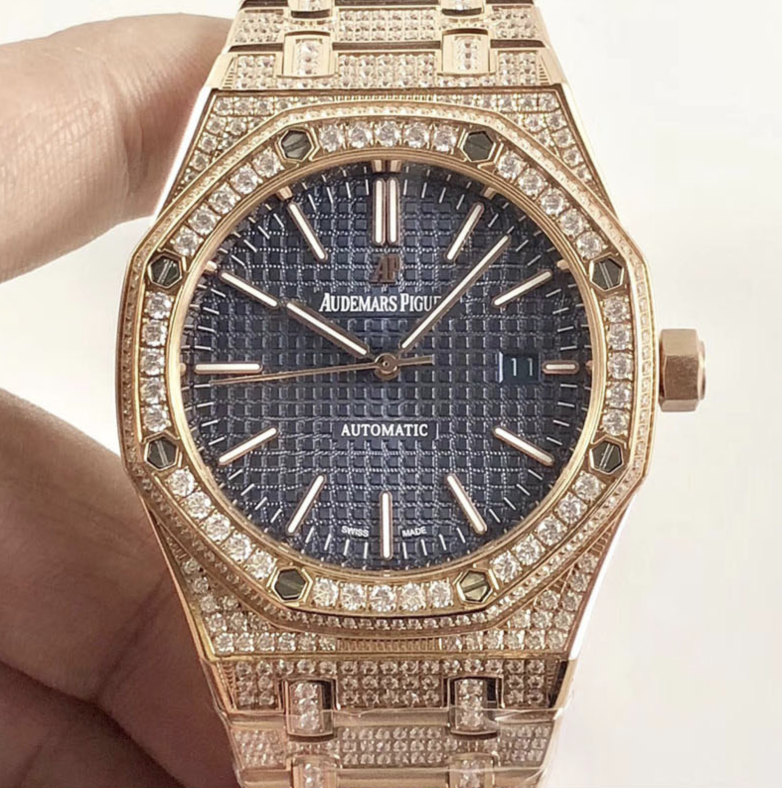Audemars piguet replica royal oak 15400ST 41mm rose gold full paved diamonds blue dial