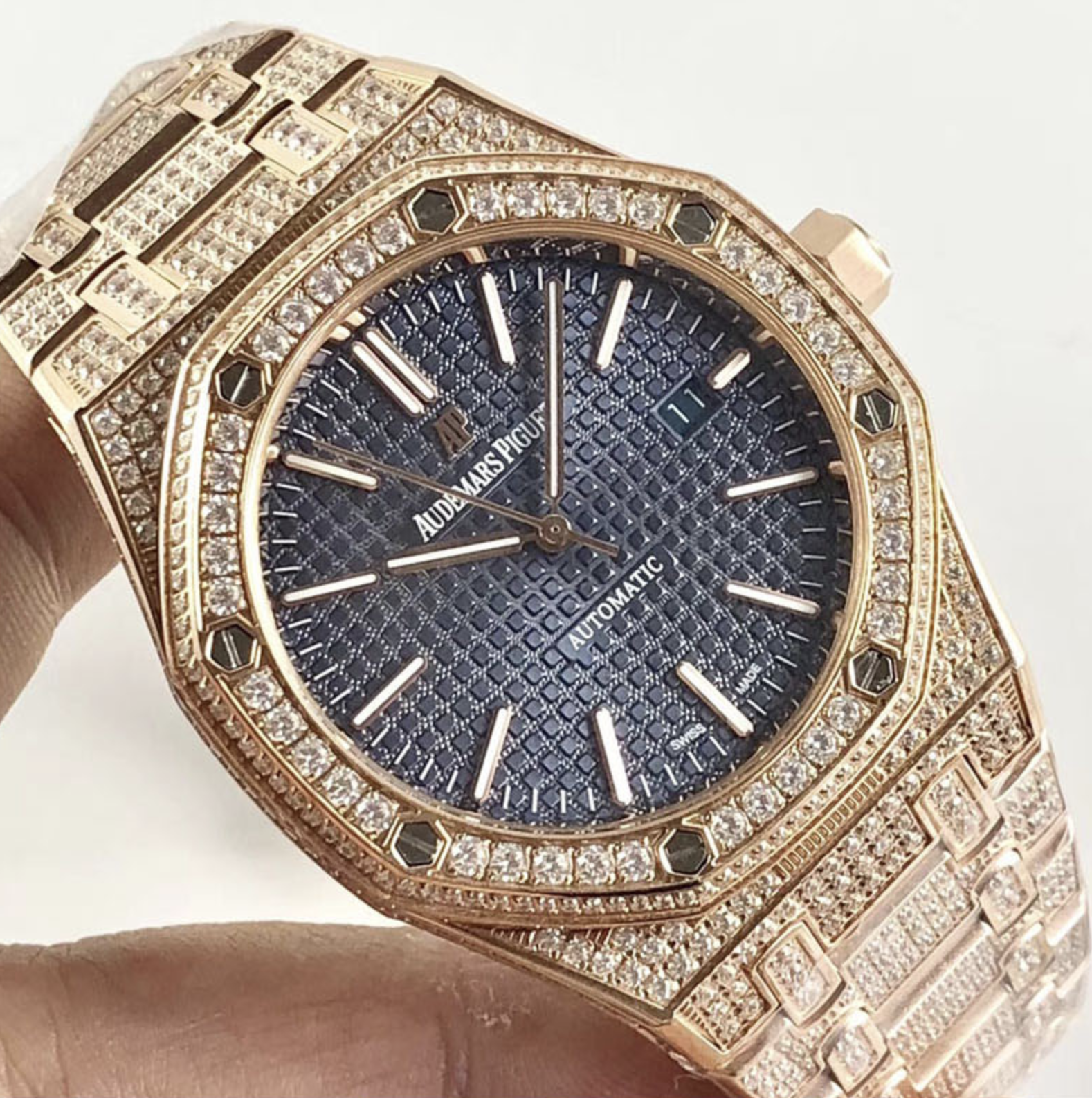 Audemars piguet replica royal oak 15400ST 41mm rose gold full paved diamonds blue dial - immagine 4