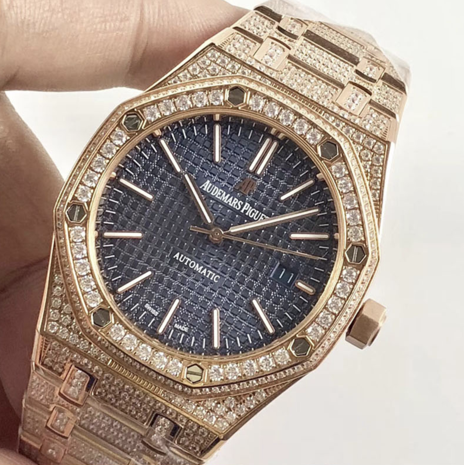 Audemars piguet replica royal oak 15400ST 41mm rose gold full paved diamonds blue dial - immagine 5