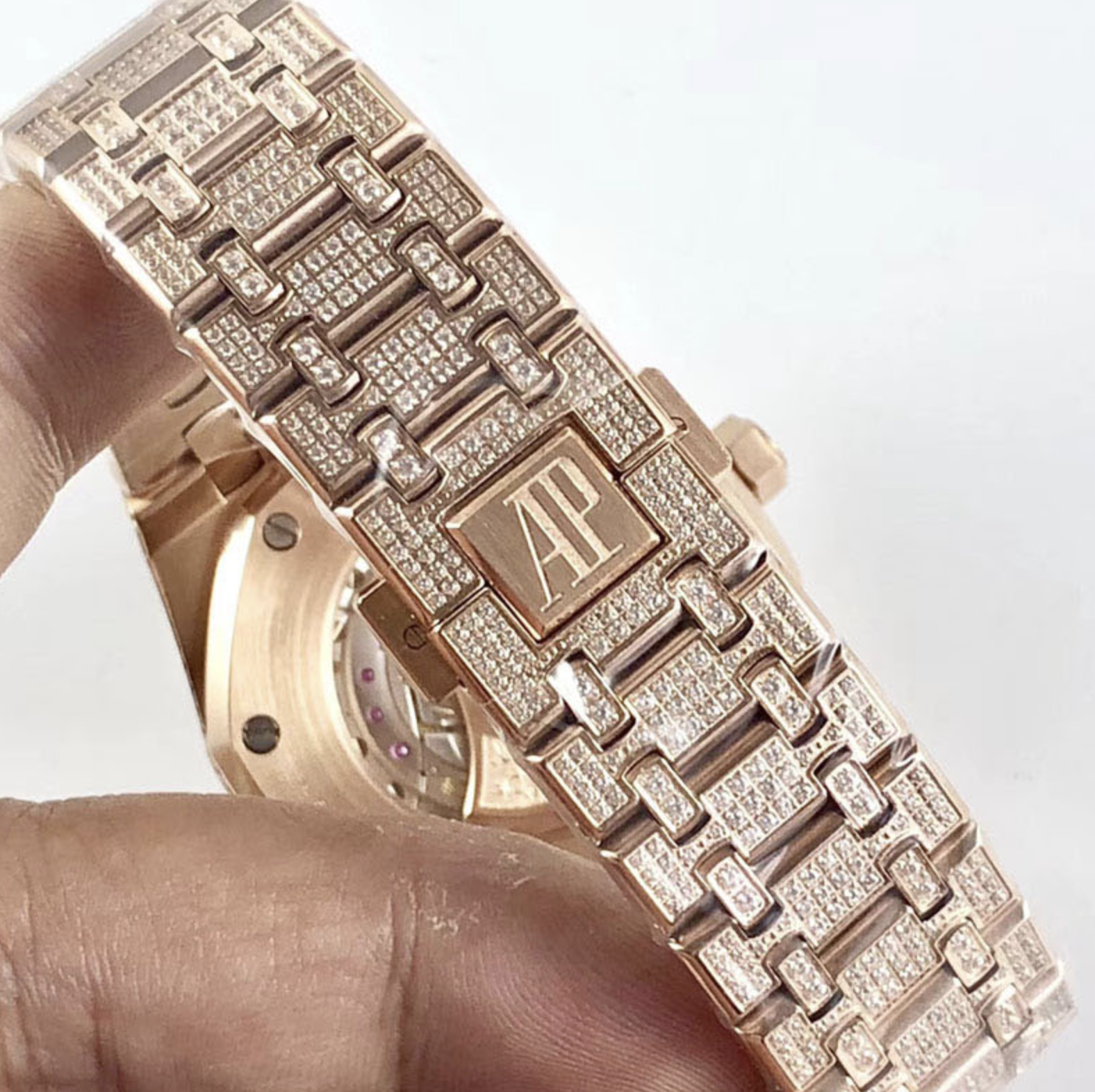 Audemars piguet replica royal oak 15400ST 41mm rose gold full paved diamonds blue dial - immagine 6