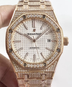 Audemars piguet replica royal oak 15400ST 41mm rose gold full paved diamonds white dial