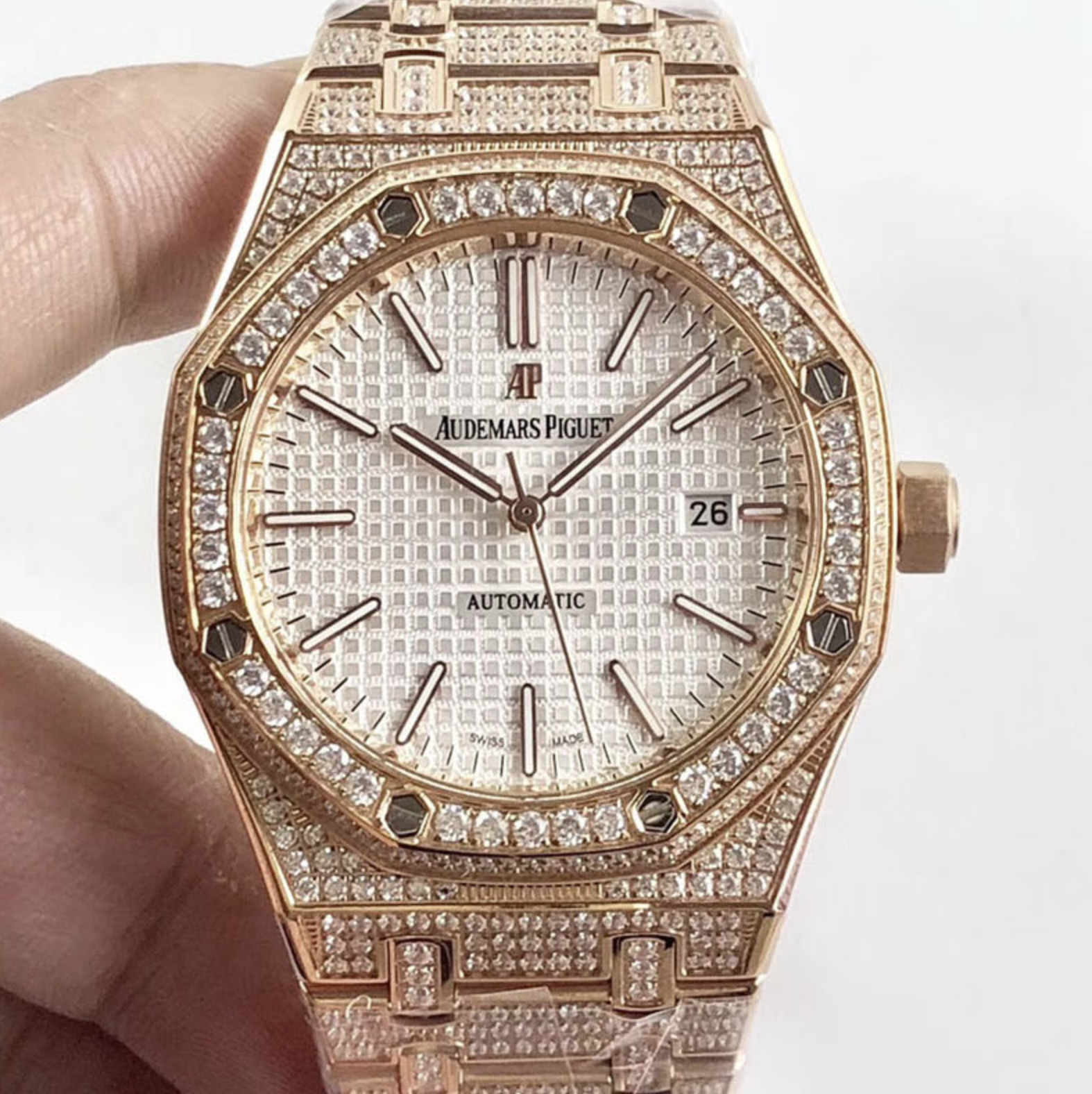 Audemars piguet replica royal oak 15400ST 41mm rose gold full paved diamonds white dial