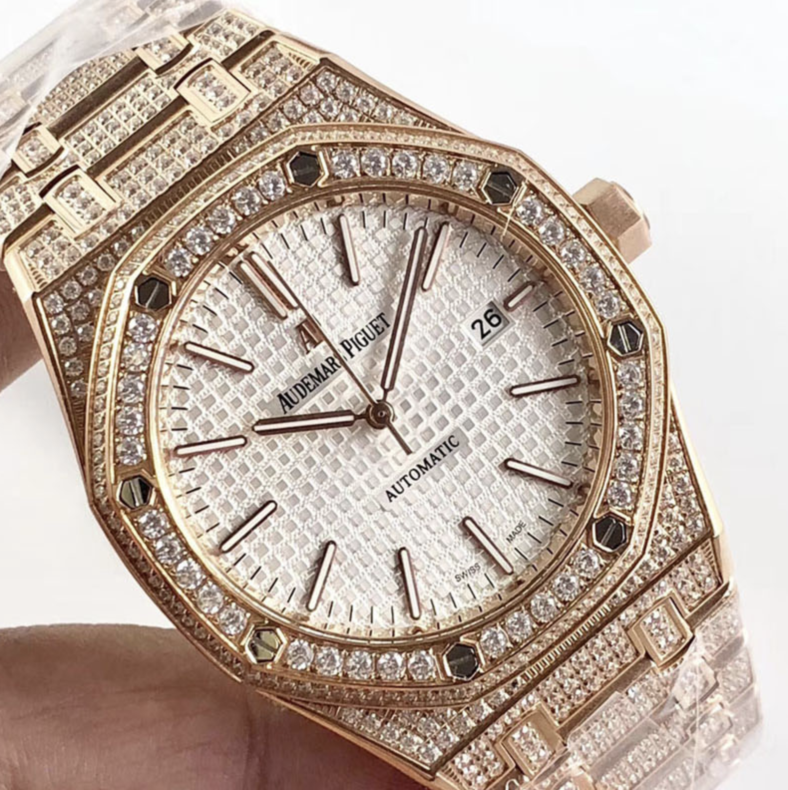 Audemars piguet replica royal oak 15400ST 41mm rose gold full paved diamonds white dial - immagine 3