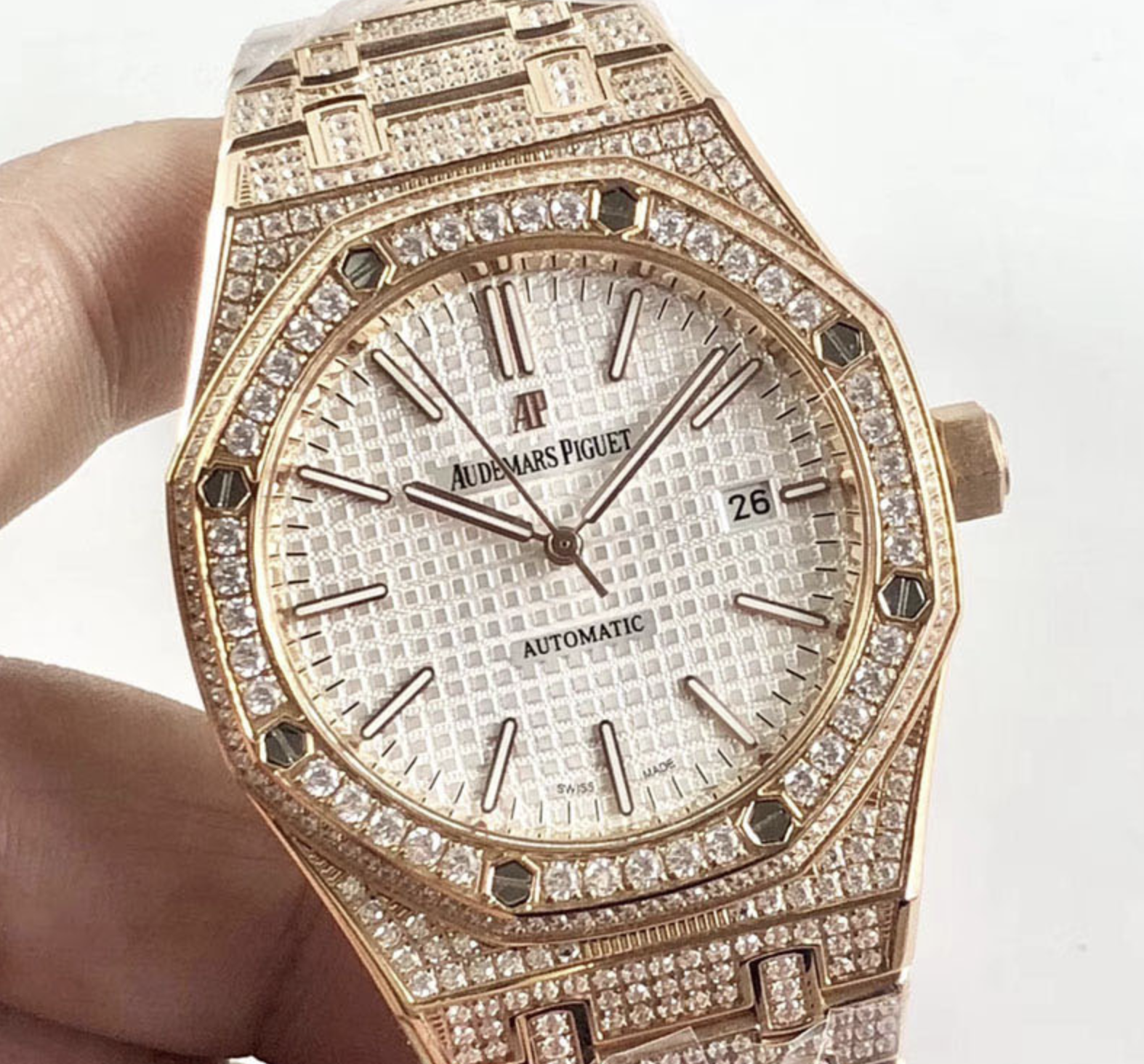Audemars piguet replica royal oak 15400ST 41mm rose gold full paved diamonds white dial - immagine 4