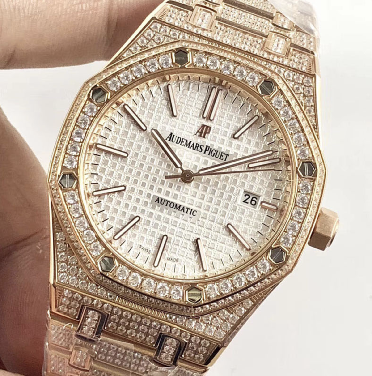 Audemars piguet replica royal oak 15400ST 41mm rose gold full paved diamonds white dial - immagine 5