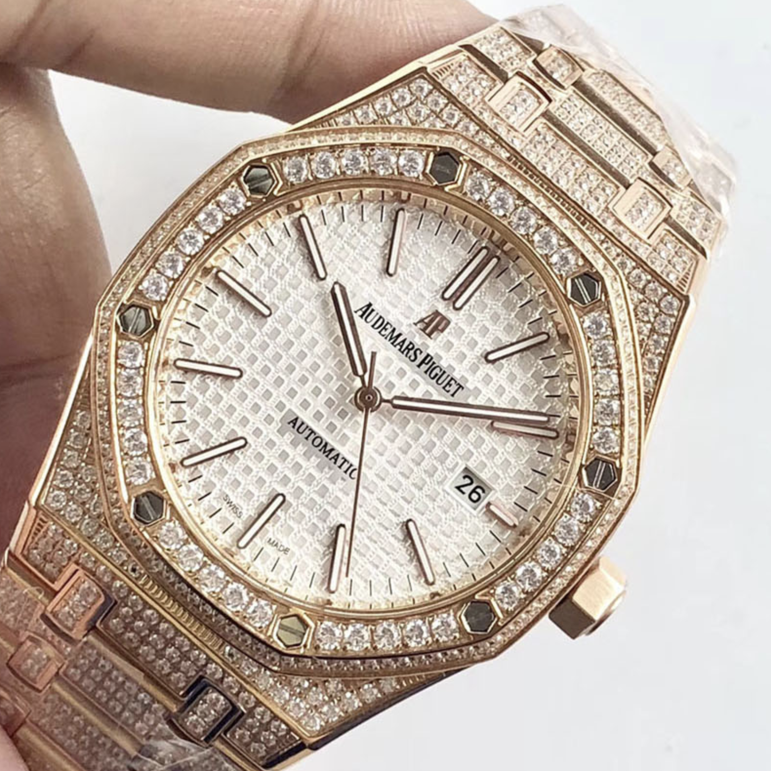 Audemars piguet replica royal oak 15400ST 41mm rose gold full paved diamonds white dial - immagine 6