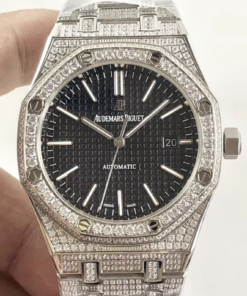 Audemars piguet replica royal oak 15400ST 41mm white gold full paved diamonds black dial