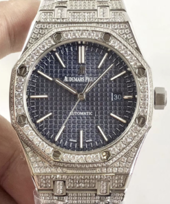 Audemars piguet replica royal oak 15400ST 41mm white gold full paved diamonds blue dial