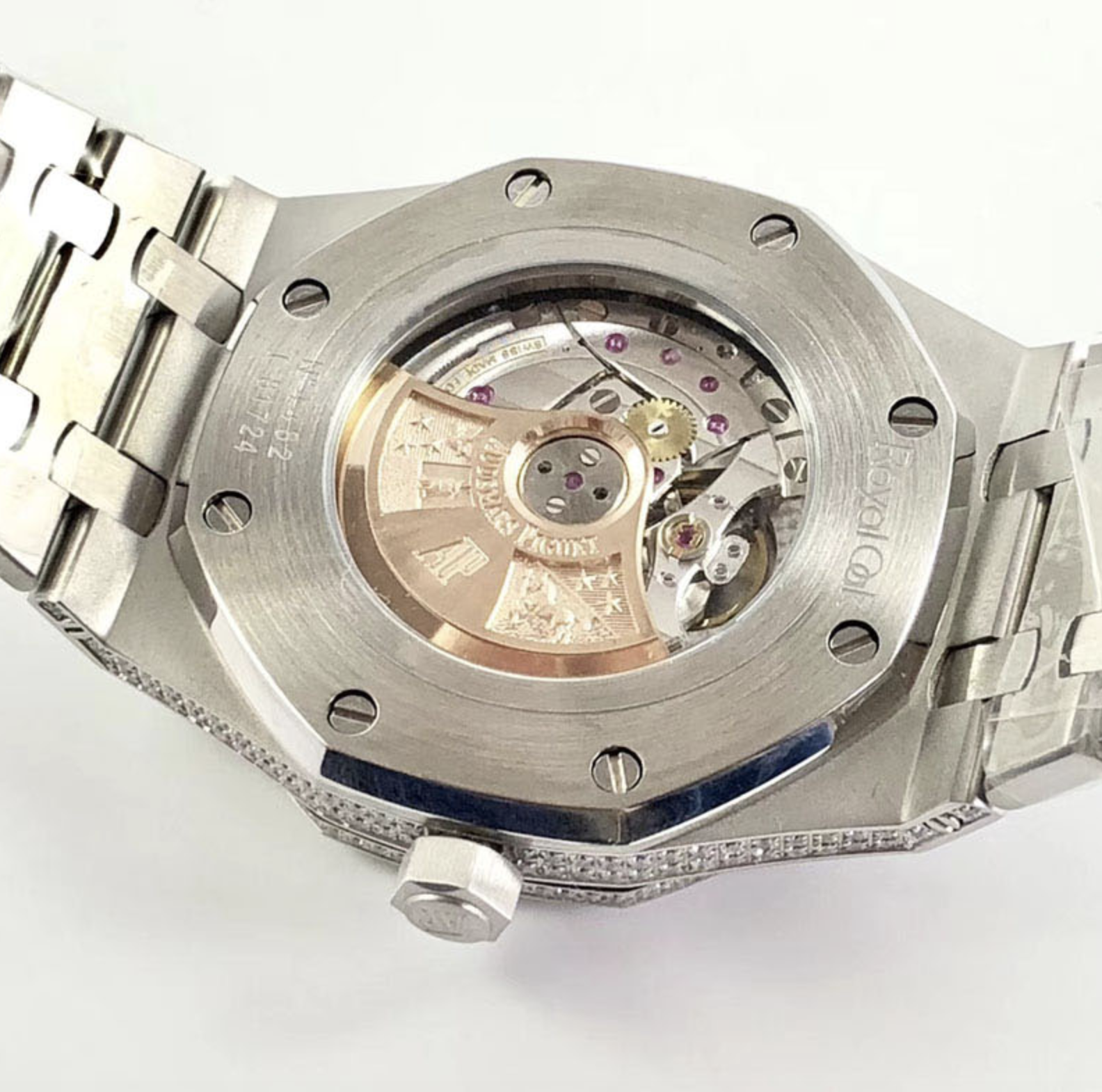 Audemars piguet replica royal oak 15400ST 41mm white gold full paved diamonds blue dial - immagine 10