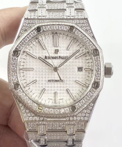Audemars piguet replica royal oak 15400ST 41mm white gold full paved diamonds white dial